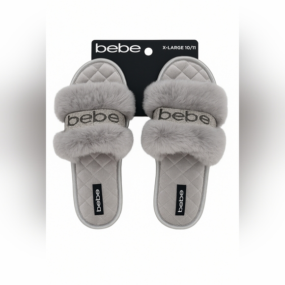 Bebe Memory Foam Luxe Faux Fur Slide Slippers Gray Silver Size XL (10/11) New - Picture 1 of 5